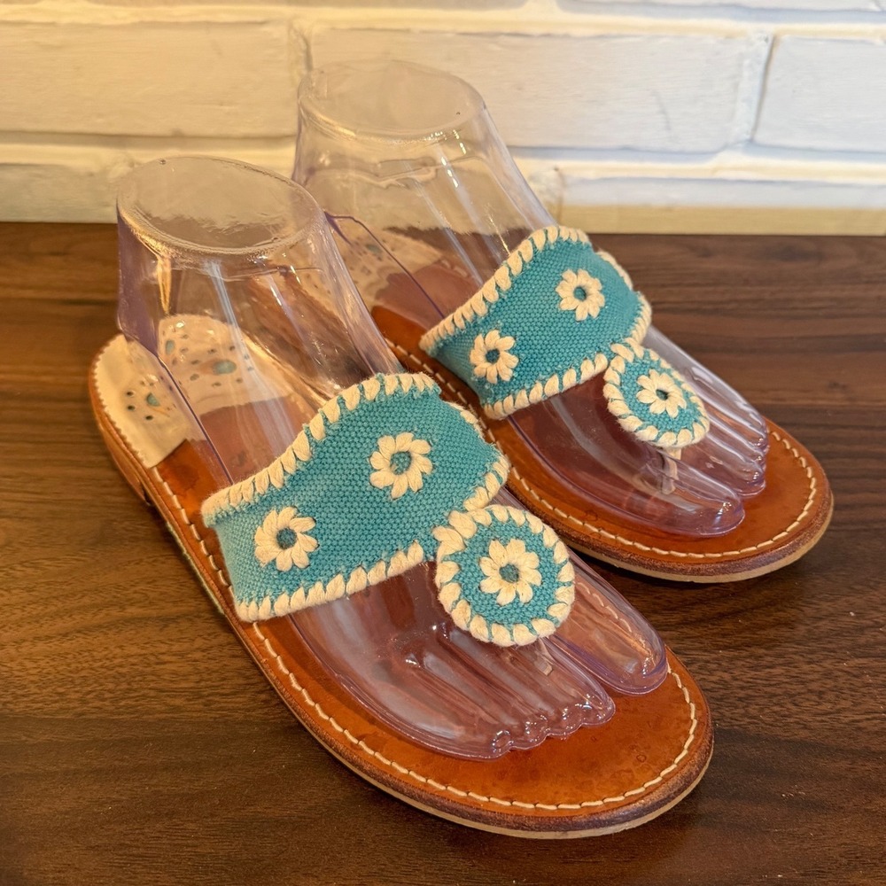 Jack Rogers Navajo Sandals Women •8• Turquoise Canvas Floral Embroidered Leather